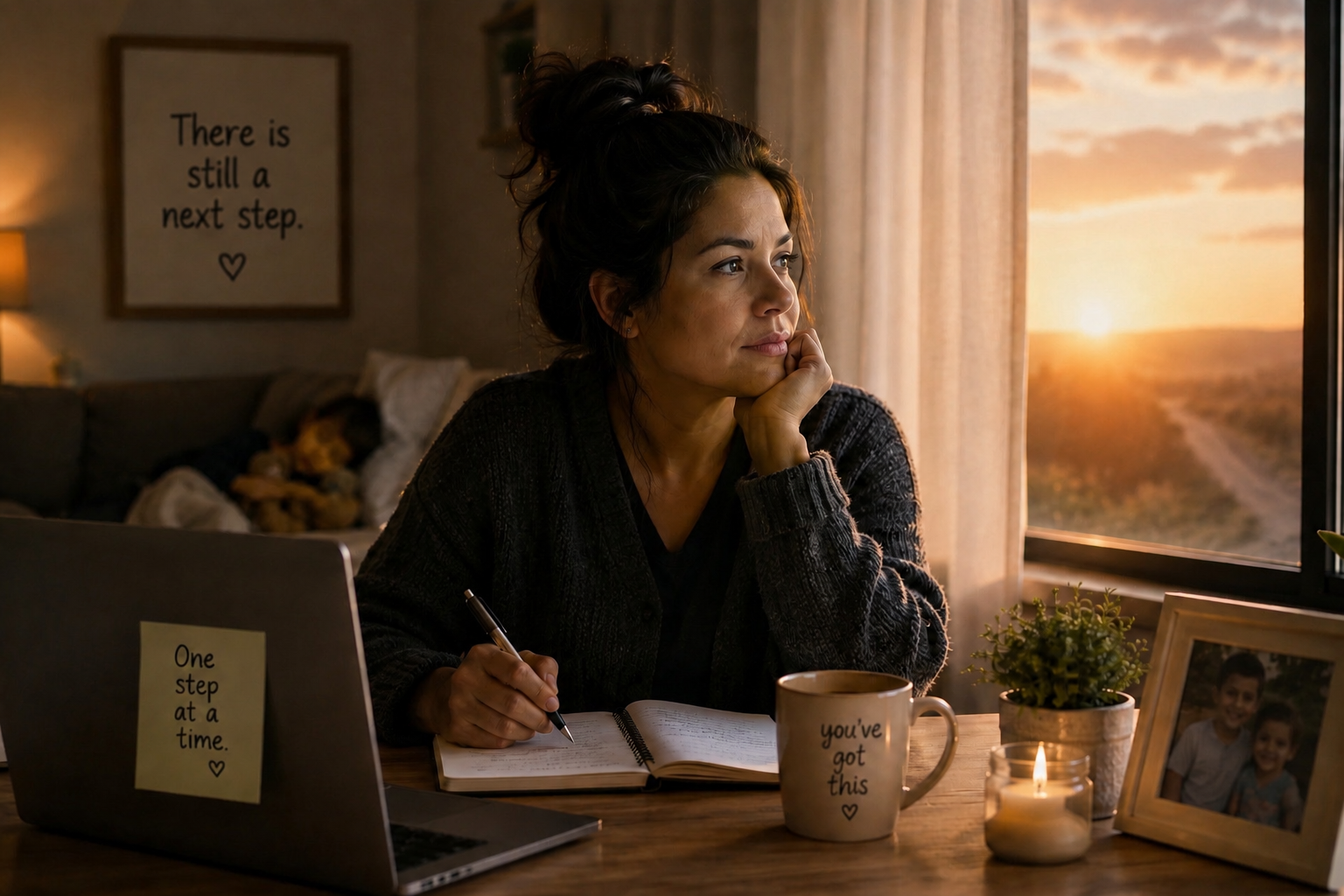 A working mother shown in two scenes: at her day job in an office and at her night job at home while her child sleeps nearby